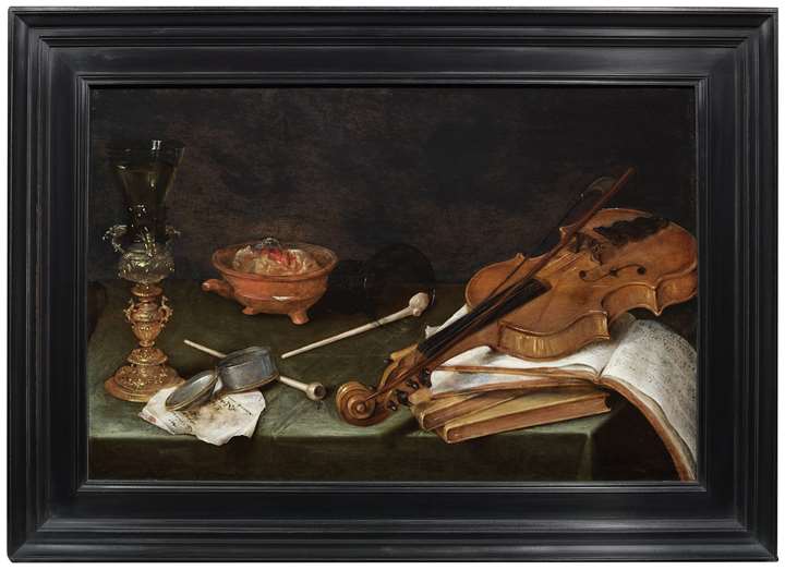 Still Life with Smoking Implements, a gilt Glass Holder, a Violin and a pile of Books: The Five Senses.
